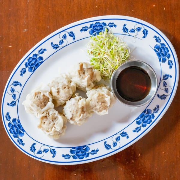 A white oval plate with blue floral trim holds six steamed dumplings, sprouts, and a dipping sauce.